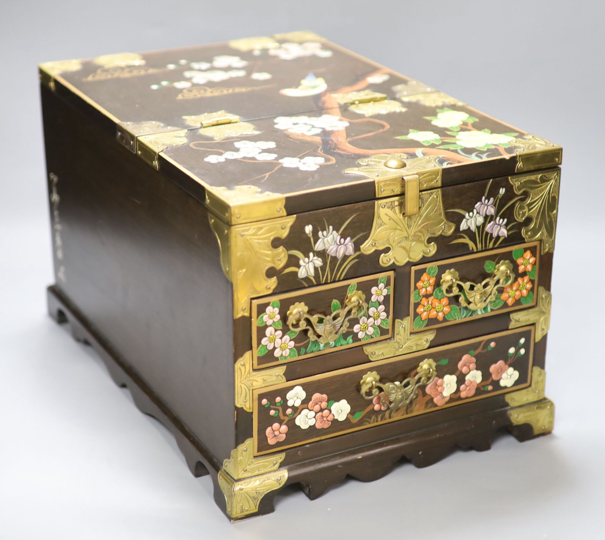 A Chinese wood and polychrome lacquer dressing box, 37cm